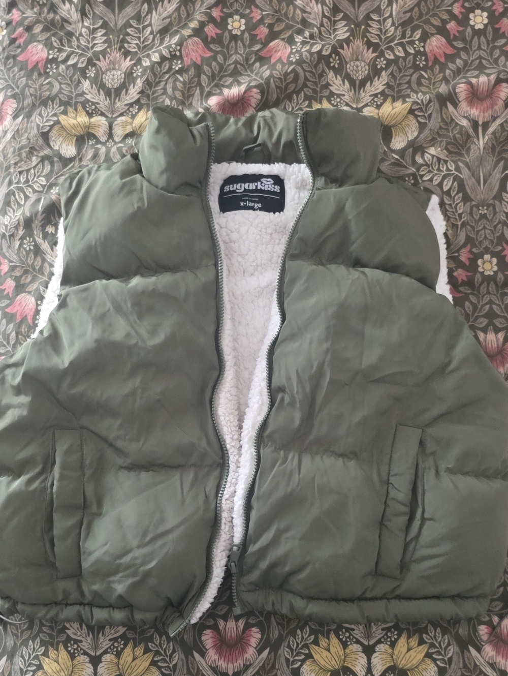 Sugarlips Olive Green Puffer Vest with White Sherpa